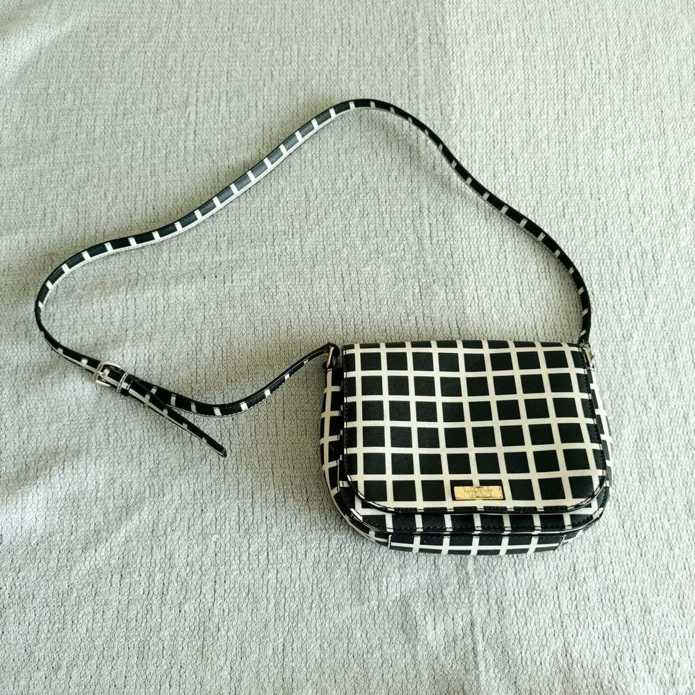 Kate Spade Black + White Laurel Way Carsen Printed Check Leather Crossbody Bag